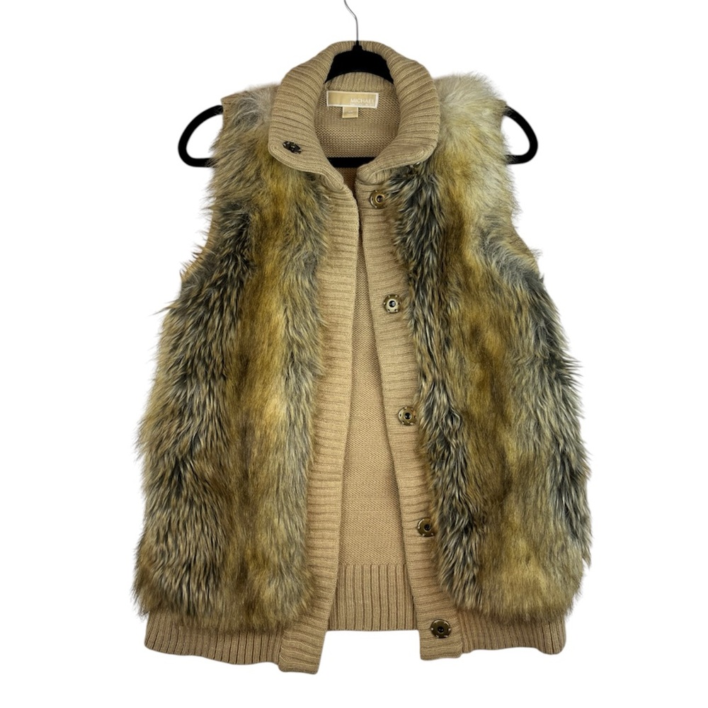 MICHAEL Michael Kors Faux Fur Vest, Canadian Fox, Tan Knit Collar, XS